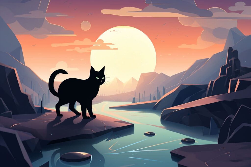 black cat in a surreal landscape